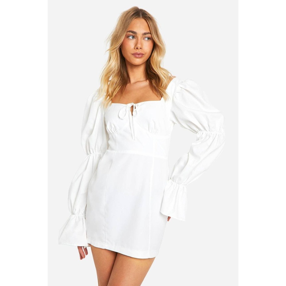 White Cotton Puff Sleeve Mini Dress Cottagecore Romantic Size M Fits S